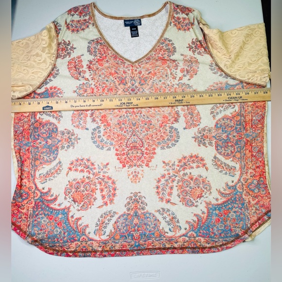 Vintage Y2K Venezia Jeans 26/28 Lace Sleeve Mesh Burnout Abstract Floral Top GUC - Picture 5 of 6